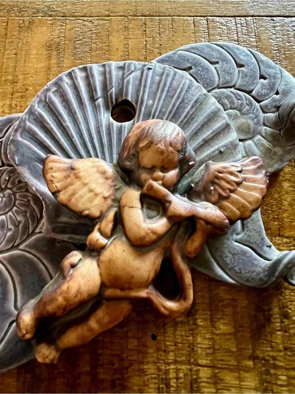 Whimsical Cherub Shell Wall Art Home Decor Plaque Ceramic Goth OOAK